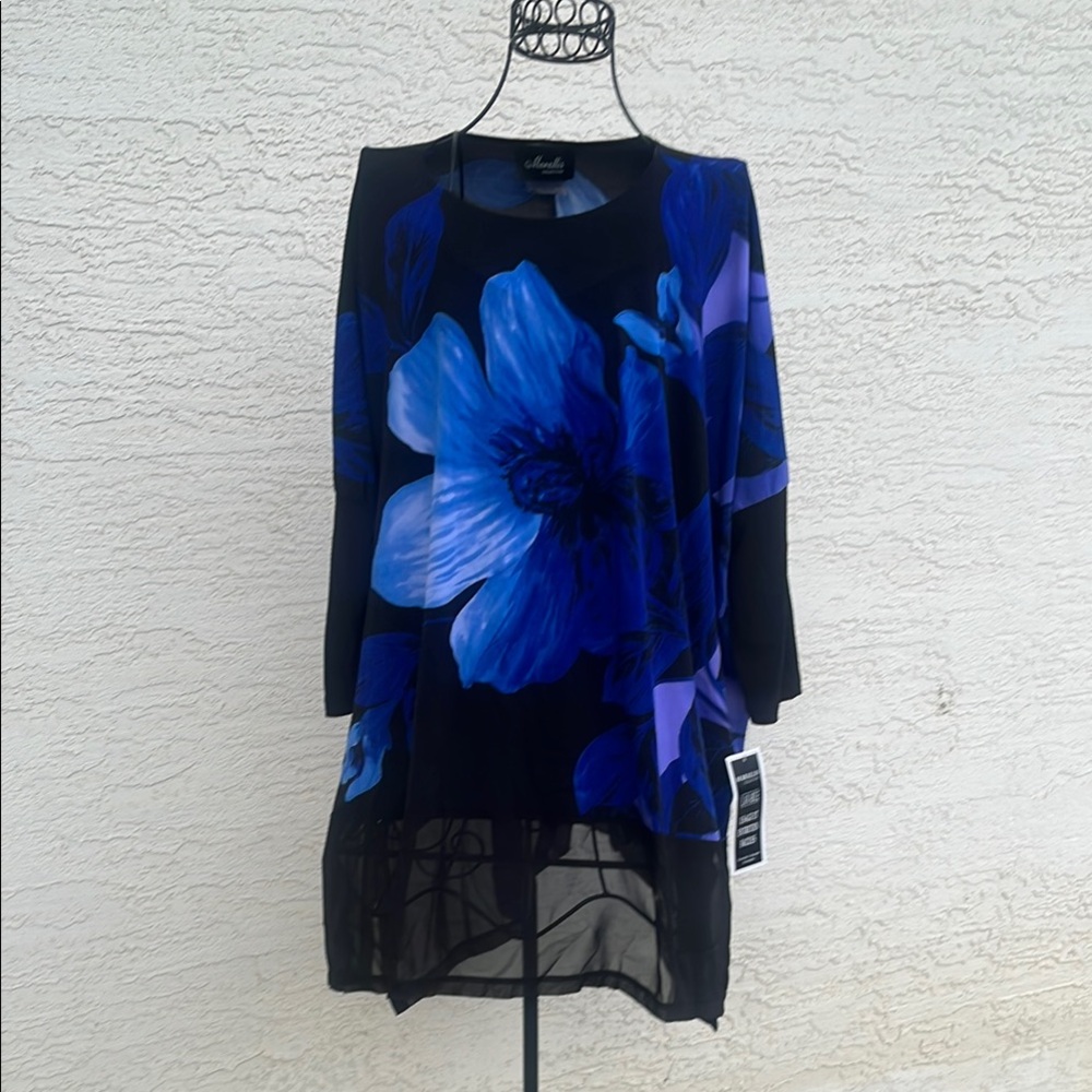 NWT Womens Marallis Hi Low Sheer Hem Trim Floral Tunic Top Size XXL
